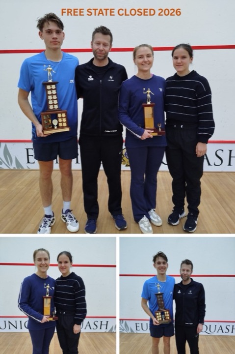 Free State Closed 2026 finalists on court holding the men's and ladies' trophies